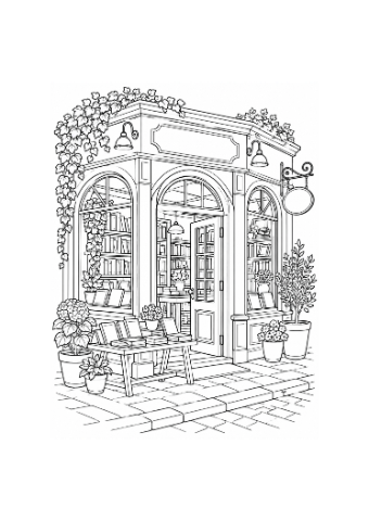 Small presentation of The corner bookshop, an actual outline illustration