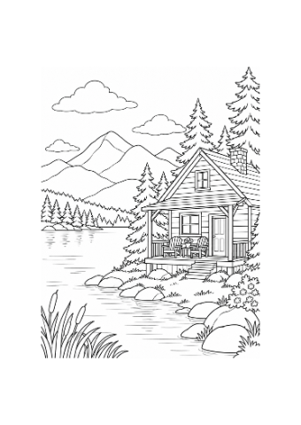 Small presentation of The lakeside cabin, an actual outline illustration