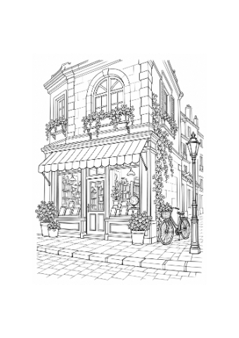 Small presentation of Corner Bookshop Facade, an actual outline illustration