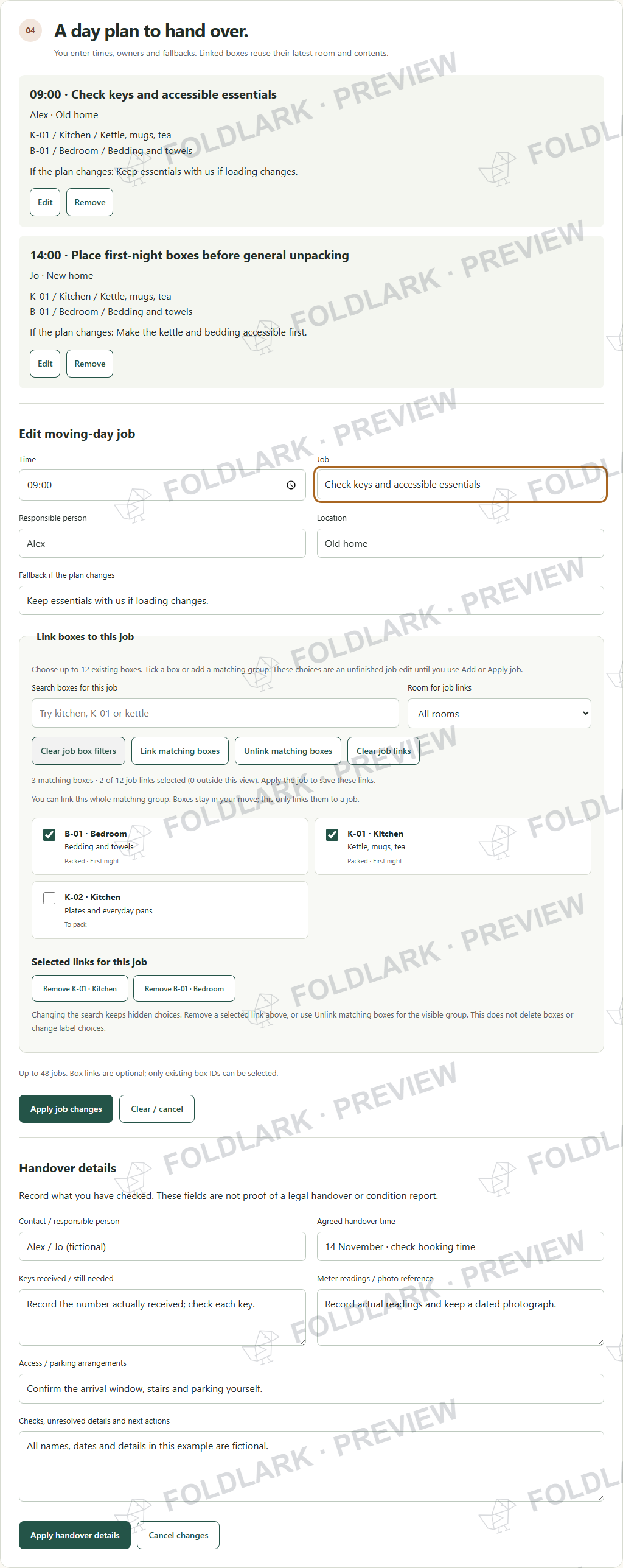 Actual paid Moving Companion: separate job details and native box-link checkboxes; fictional records