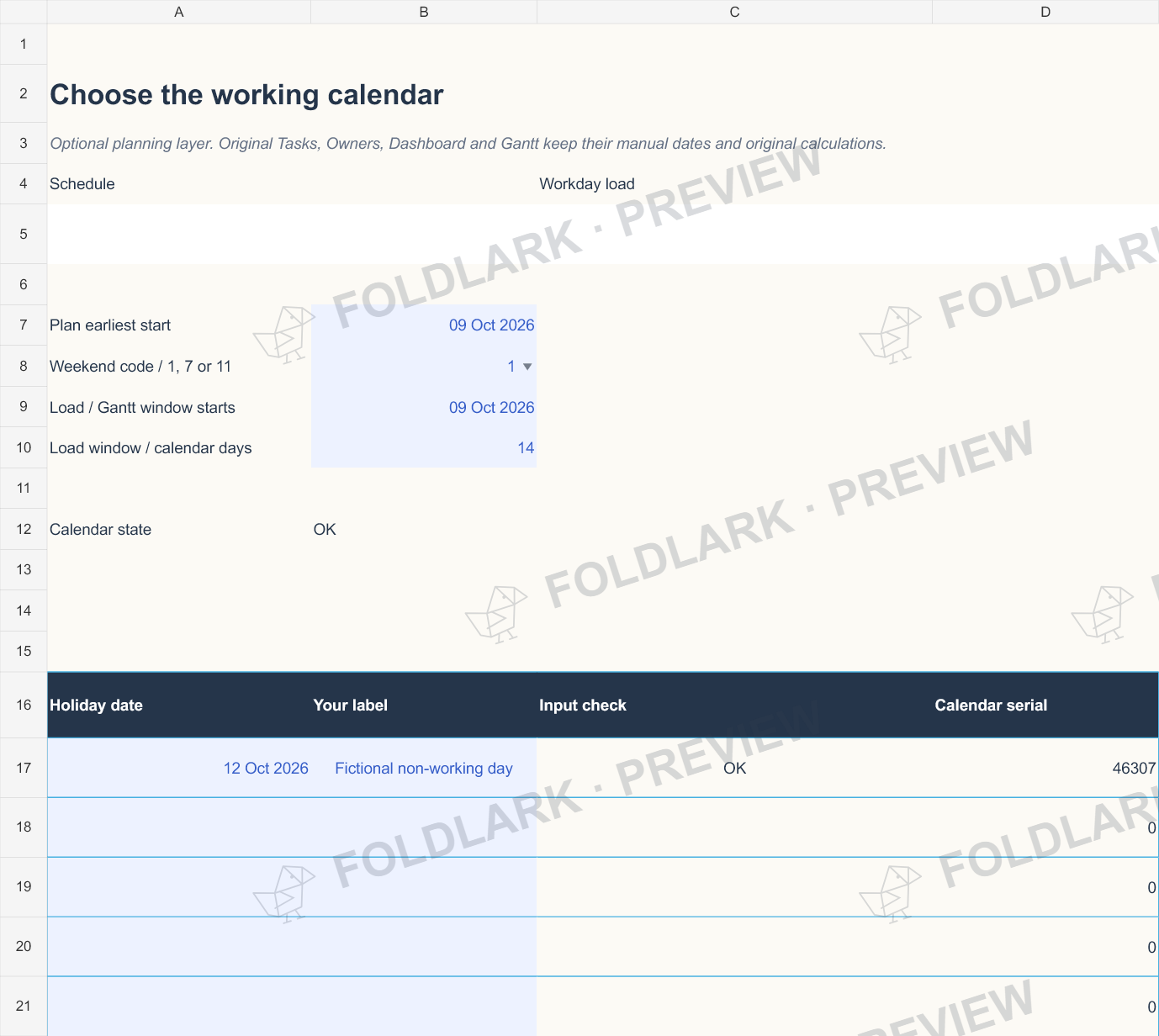 Schedule setup: actual marked preview