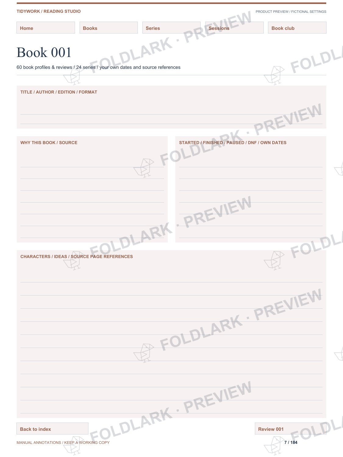 Actual supplied blank 184-page portrait journal: 60 book profiles and reviews, 24 series and six session pages.