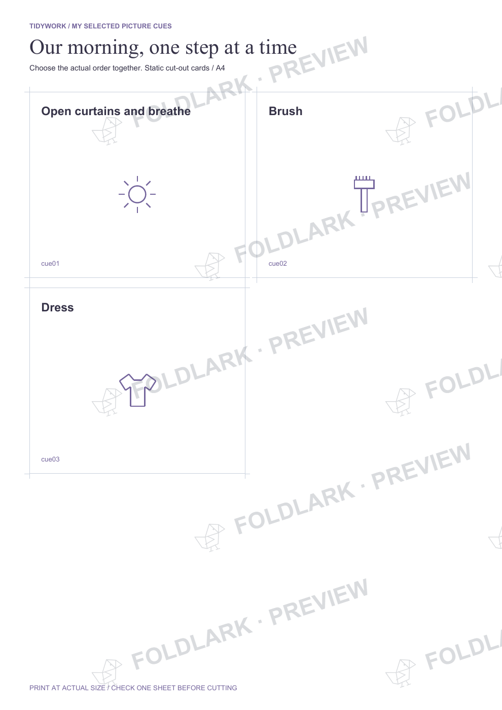 Actual A4 export: three original cues with one edited label, lilac theme and cut marks. Fictional example.