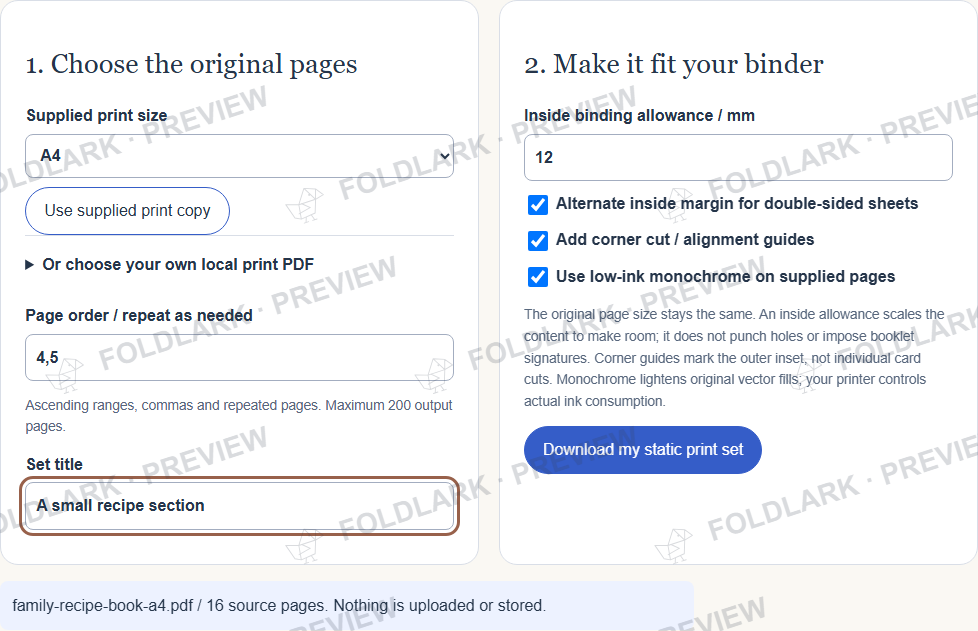 Actual Print Studio interface: source pages 4 and 5, A4, 12 mm mirrored allowance, corner guides and monochrome.
