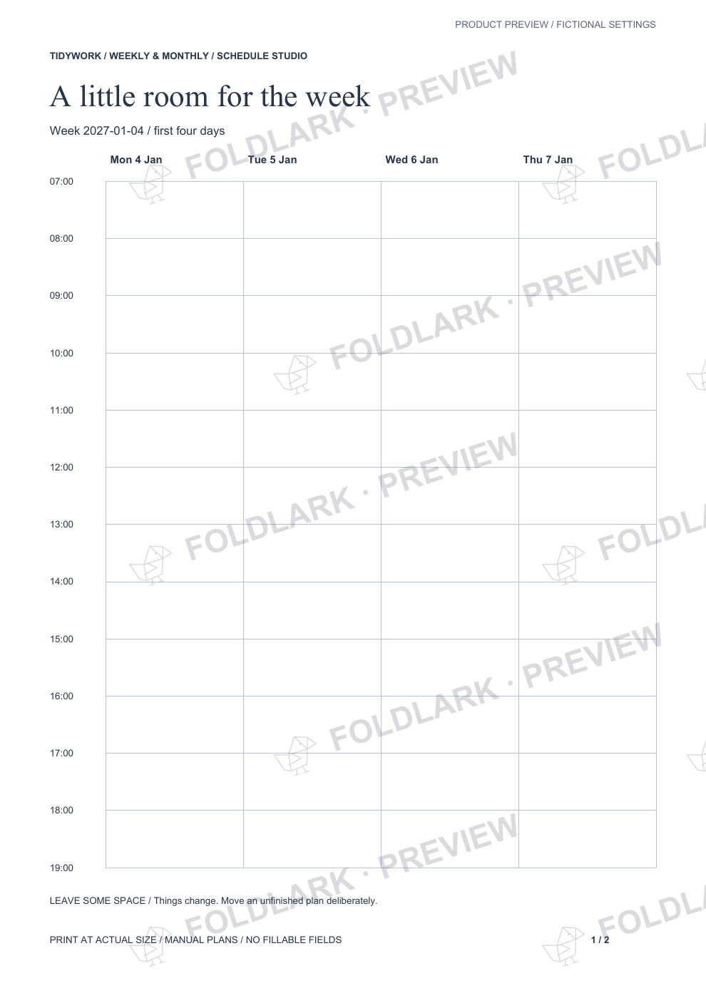 Actual dated A4 export, first four days of 4–10 January 2027. Empty writing space for your own commitments.