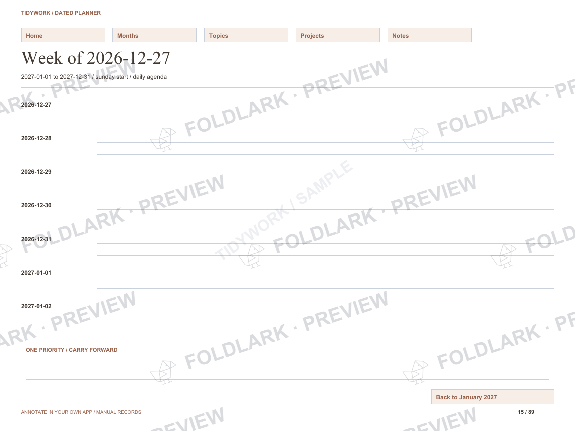 Dated week / daily agenda: actual marked preview