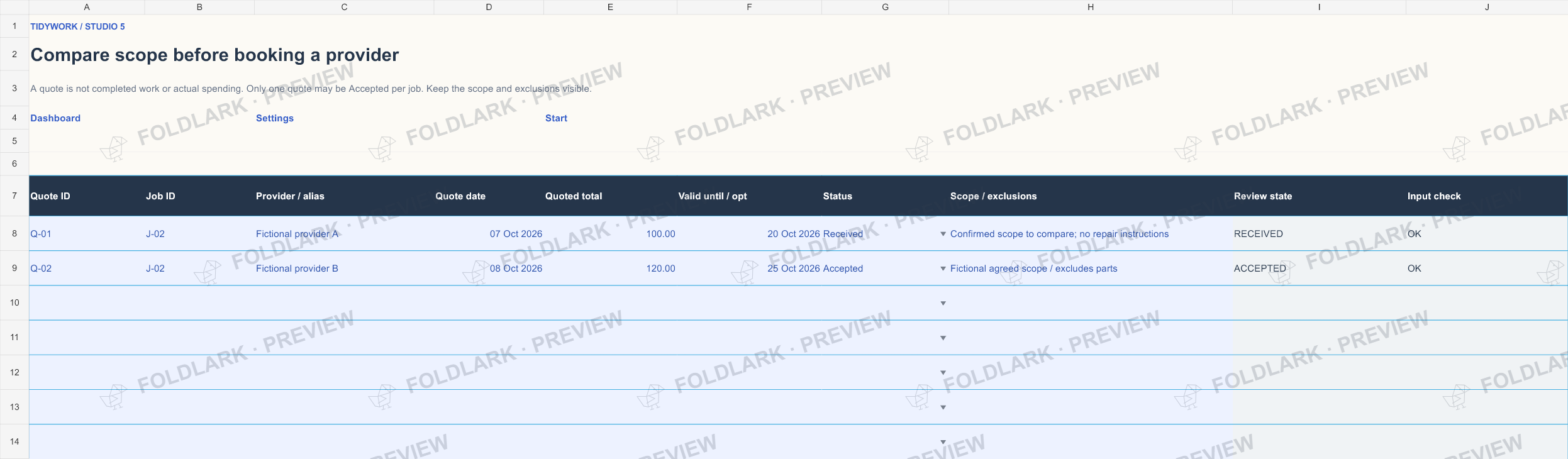 Provider Quotes: actual marked preview