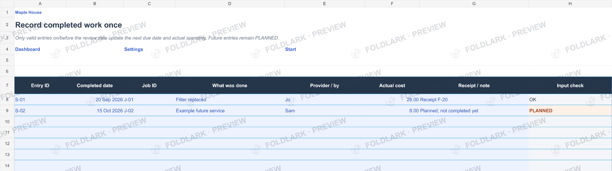 Service log: actual marked preview