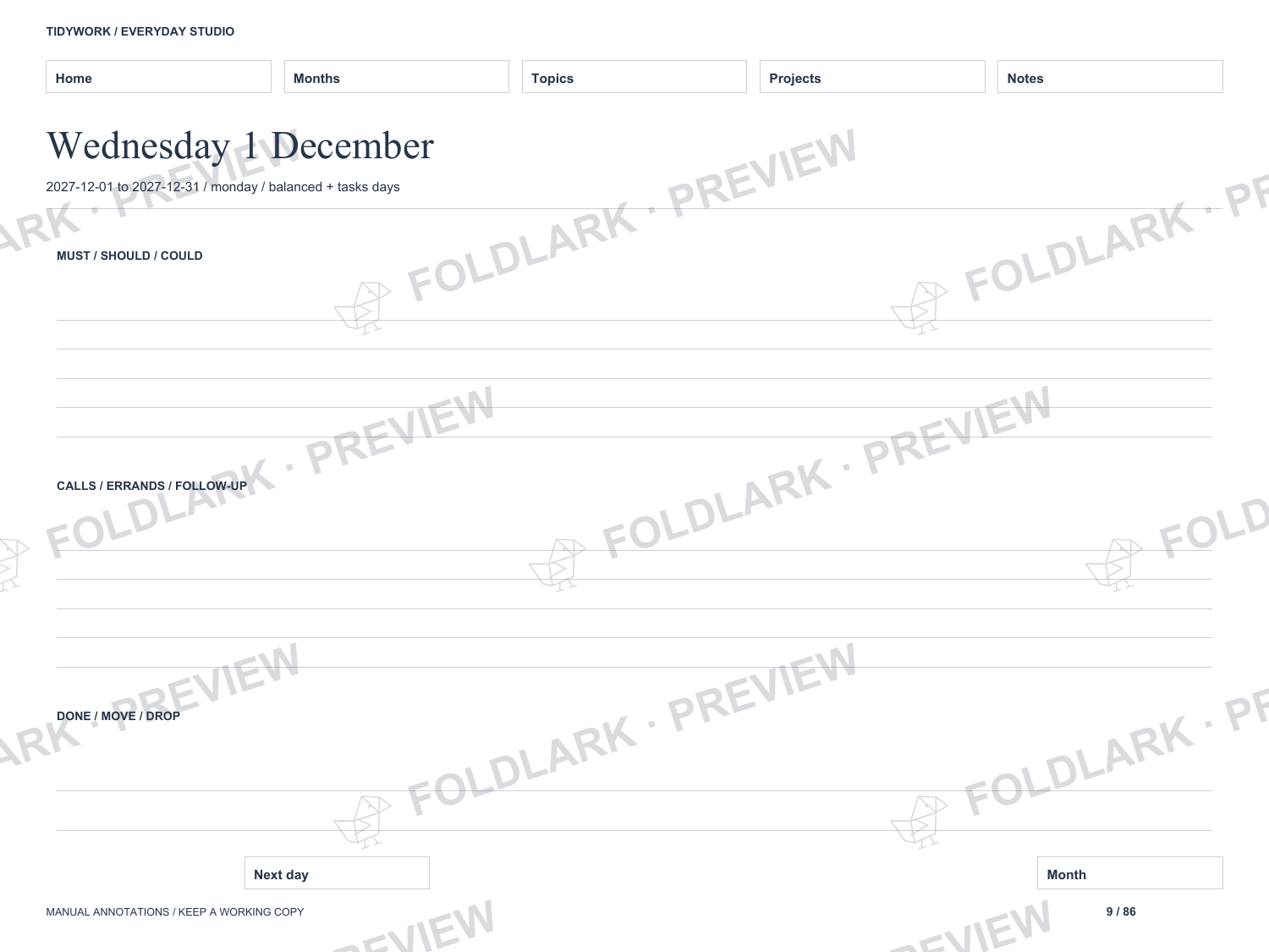 Actual generated December 2027 day: must, should, could; errands; done, move or drop.