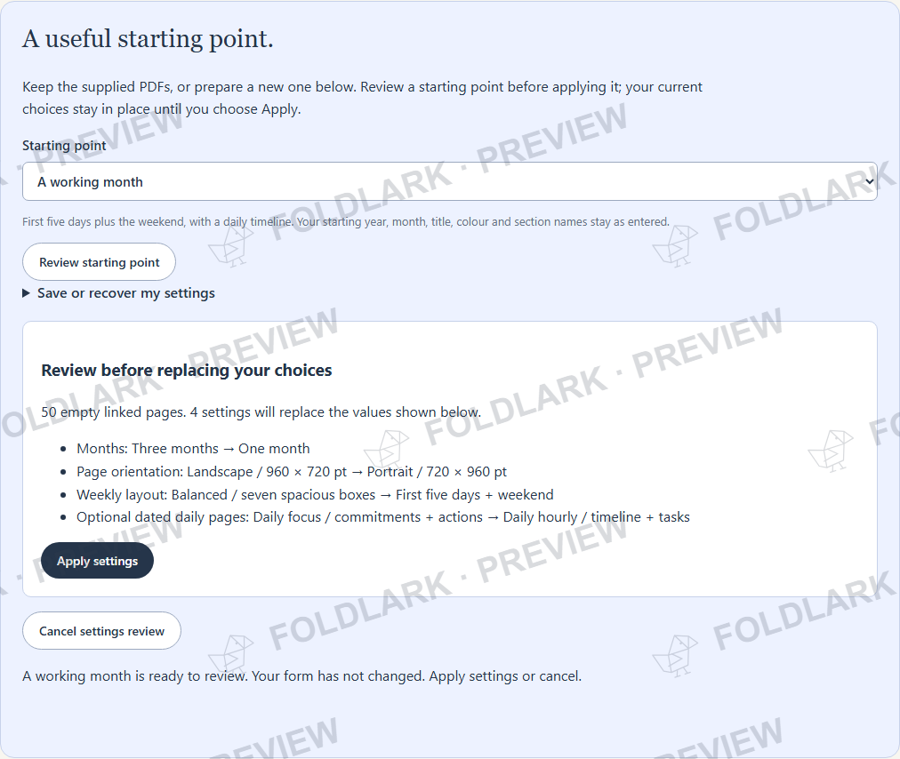 Actual private Planner Studio with three starting points and explicit JSON settings save/recover. Review changes before Apply or Cancel.