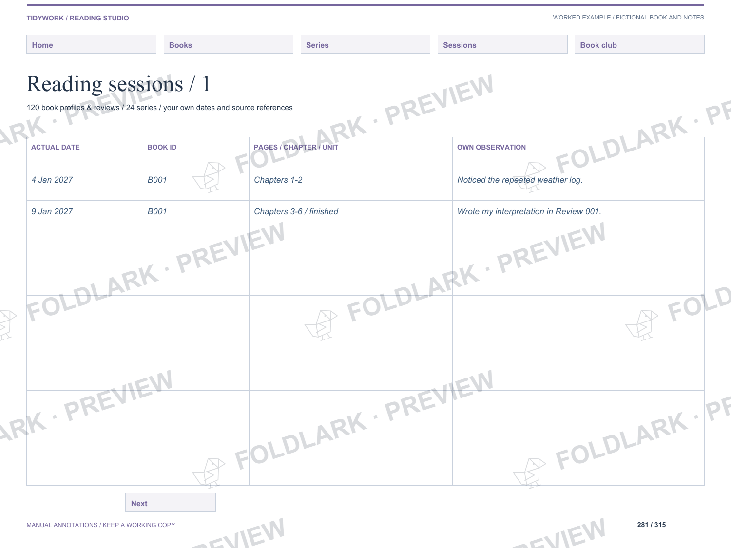 The complete observation cells for both B001 sessions; actual PDF with static fictional notes