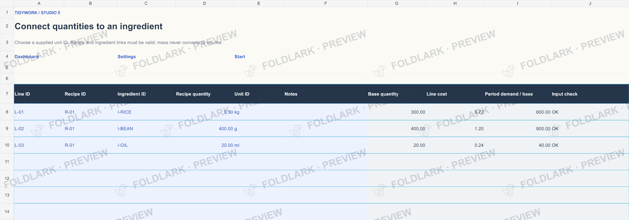 Recipe Lines: actual marked preview