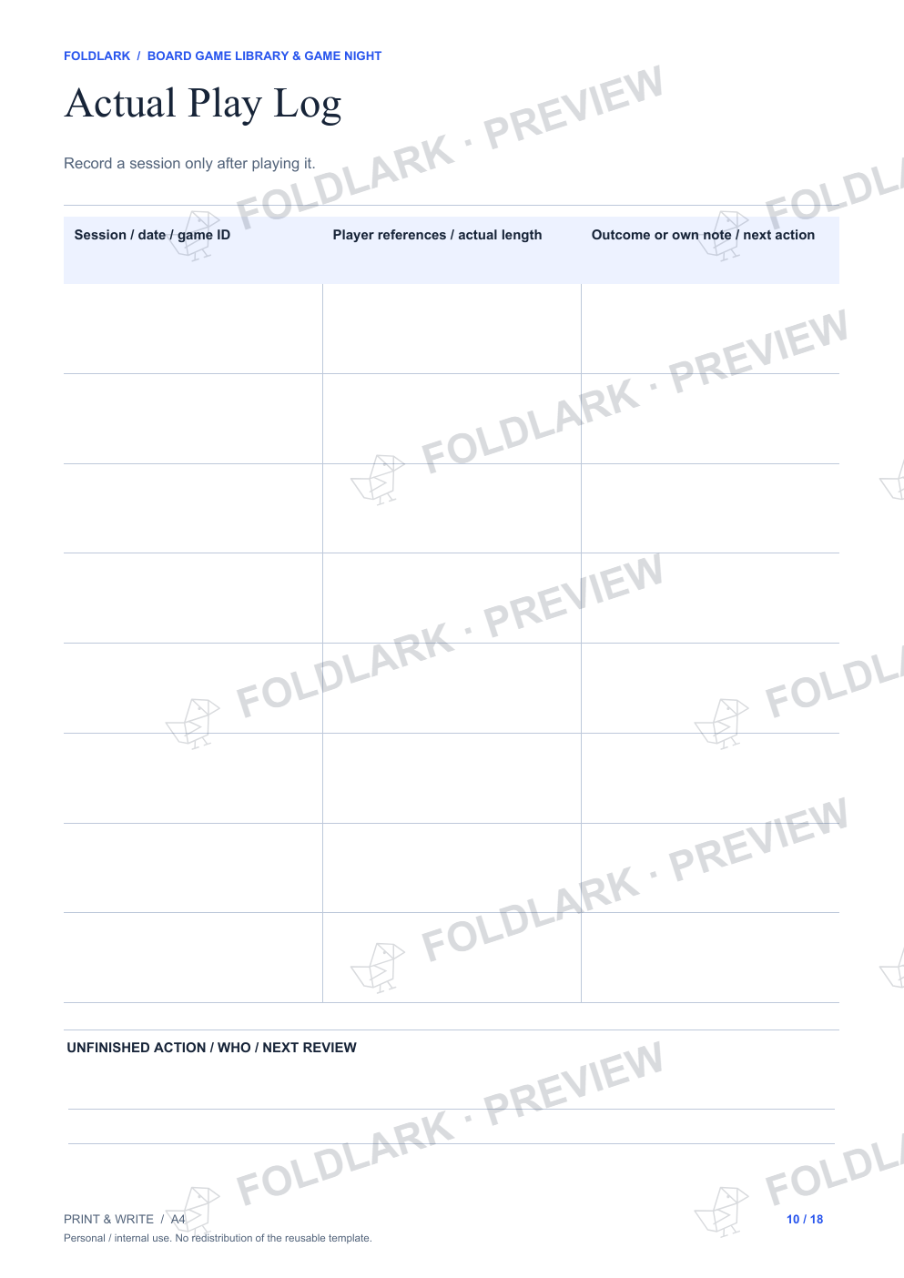 Actual Actual Play Log template, empty protected preview.