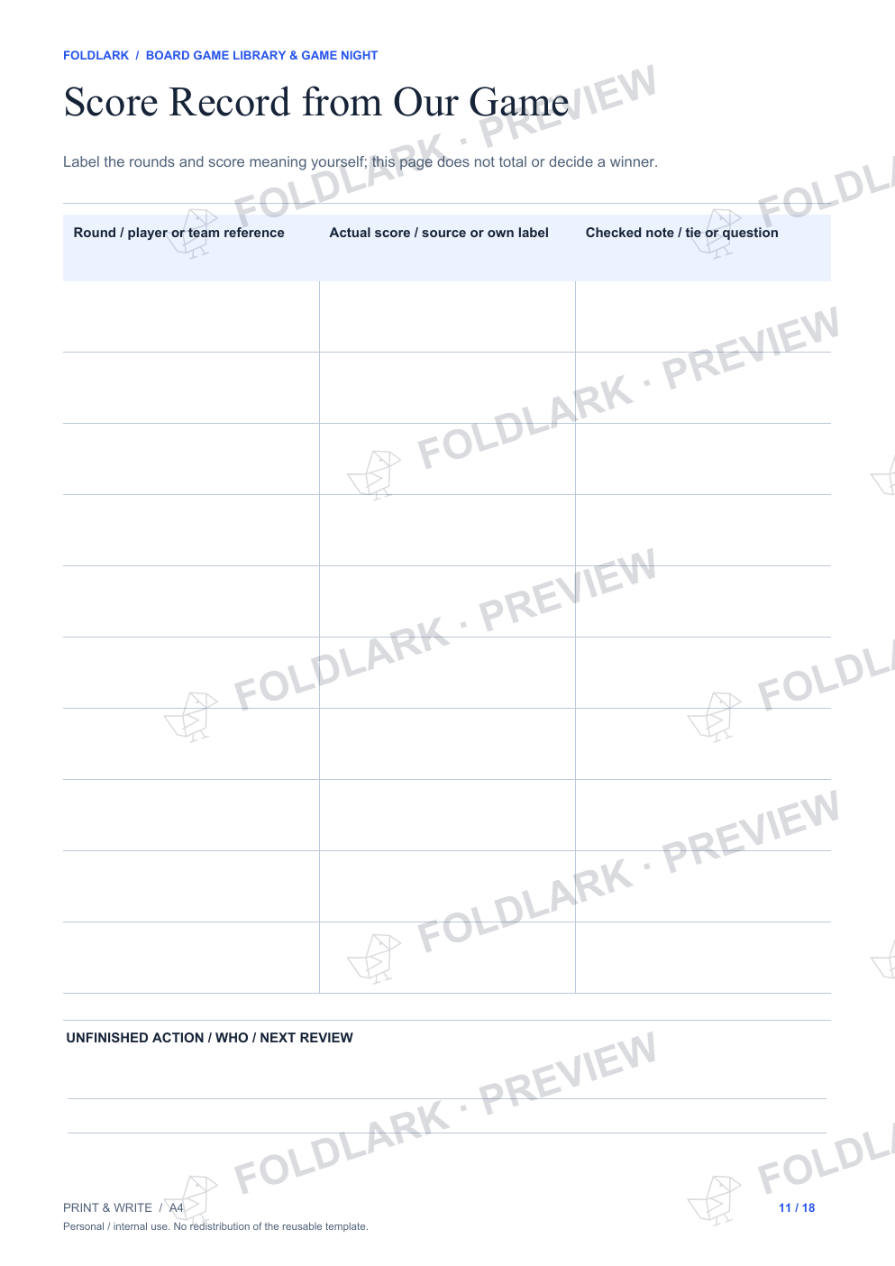 Score Record from Our Game: actual marked preview
