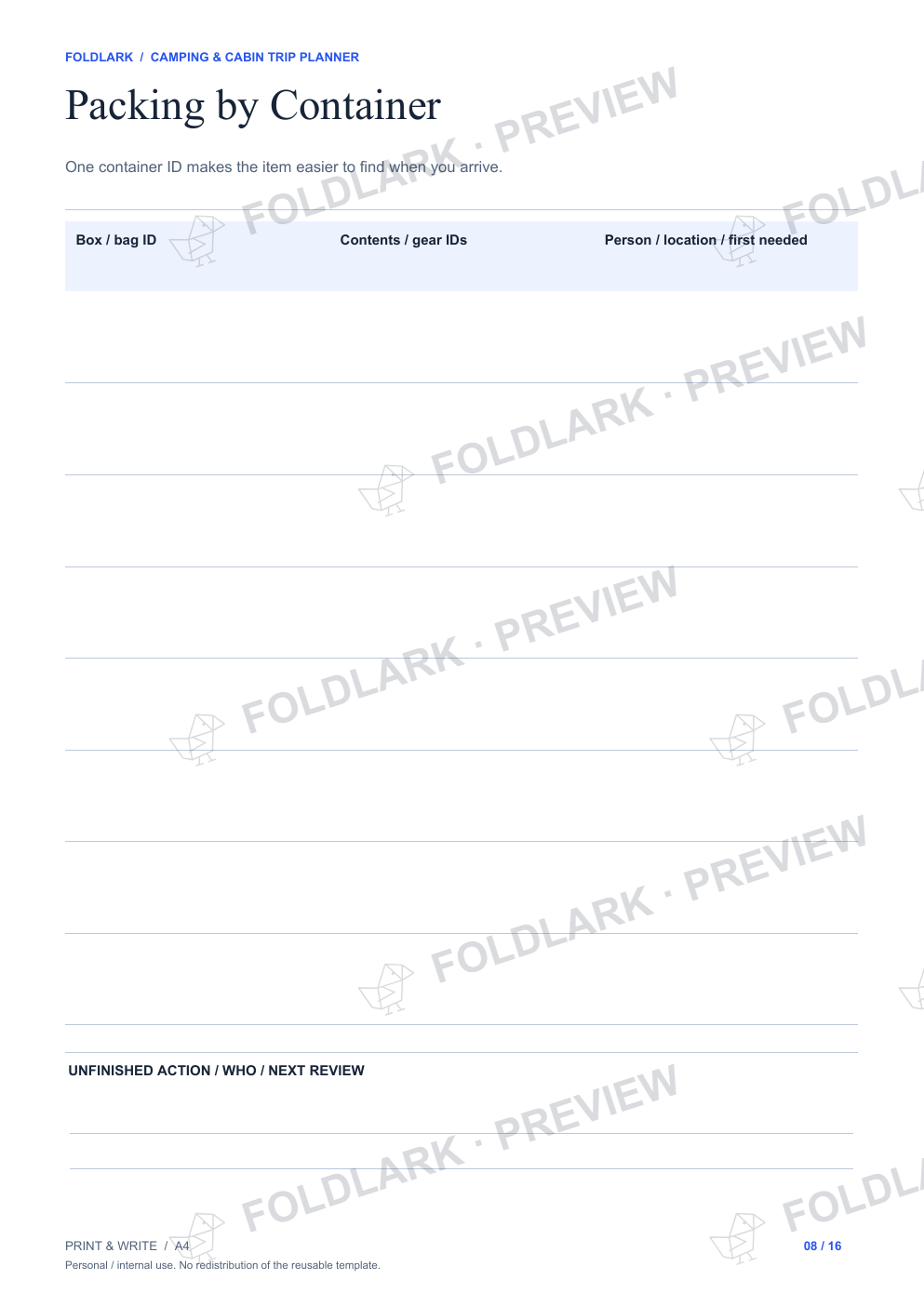 Actual Packing by Container template, empty protected preview.