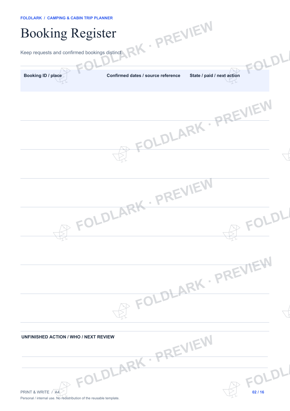 Booking Register: actual marked preview