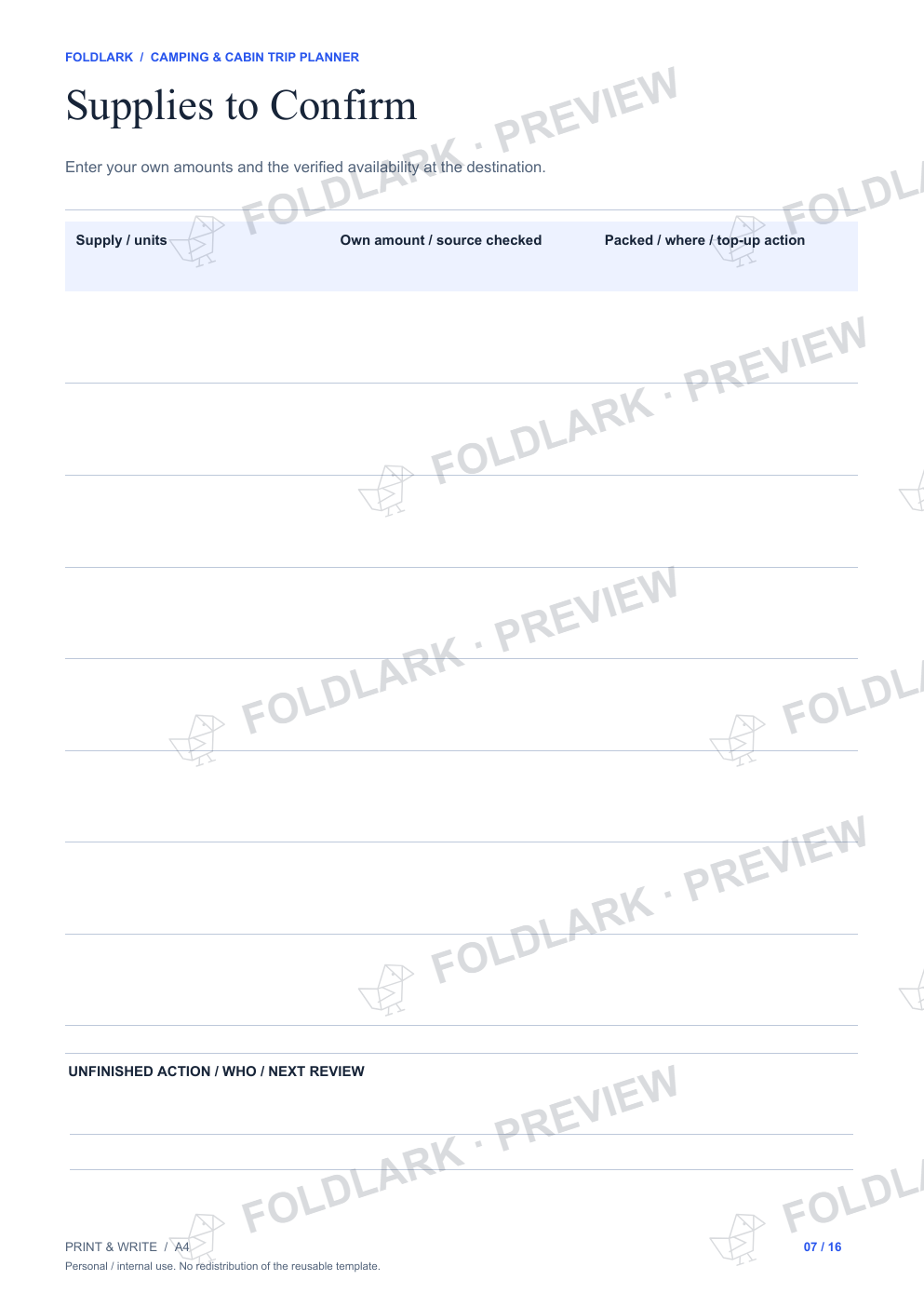 Supplies to Confirm: actual marked preview