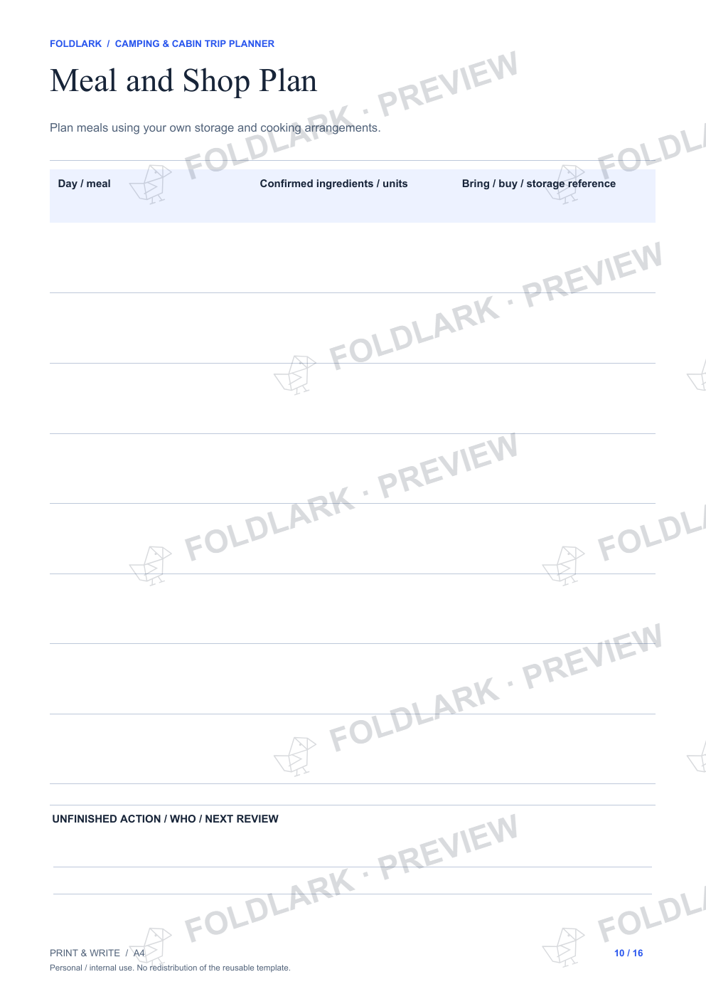 Meal and Shop Plan: actual marked preview