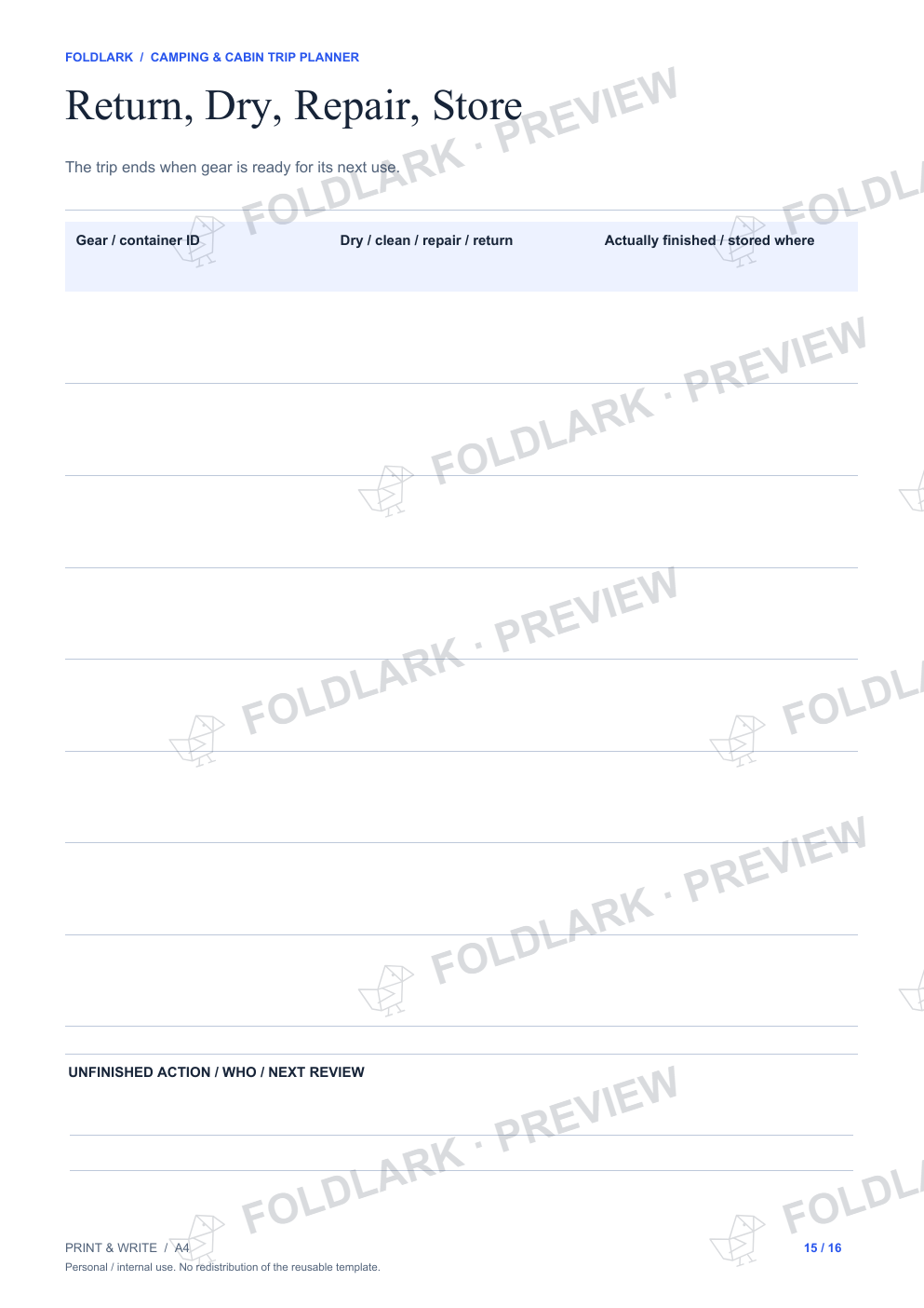 Return, Dry, Repair, Store: actual marked preview