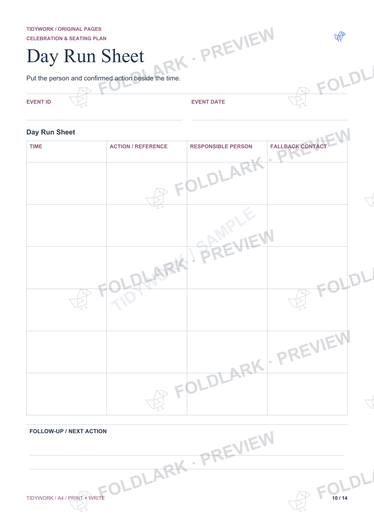 Actual Day Run Sheet page from Celebration & Seating Plan