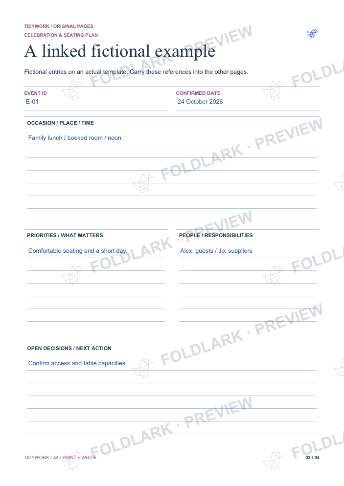 Celebration & Seating Plan - fictional filled example