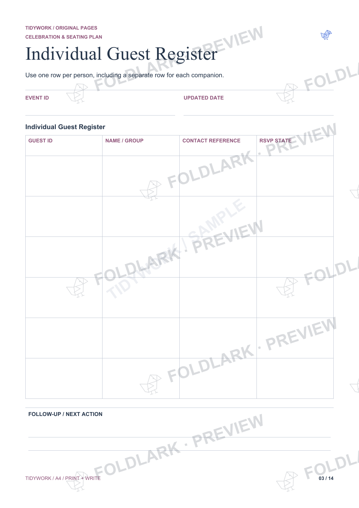 Individual Guest Register: actual marked preview