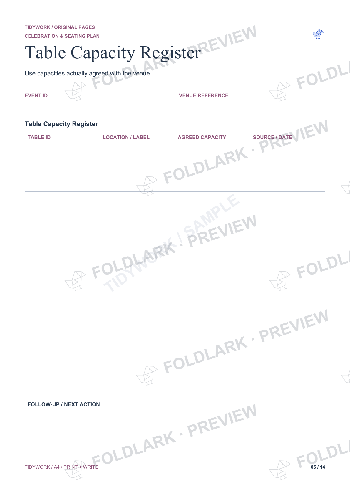 Table Capacity Register: actual marked preview