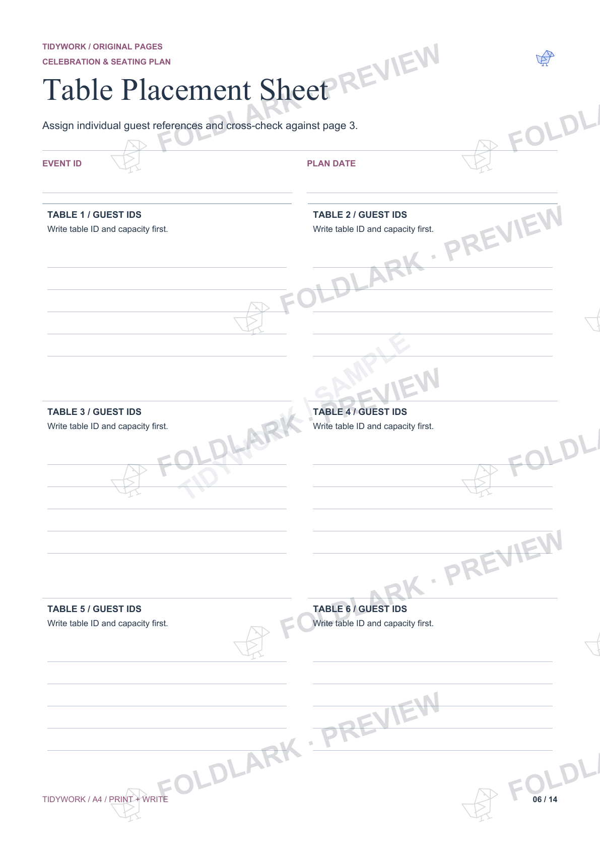 Table Placement Sheet: actual marked preview