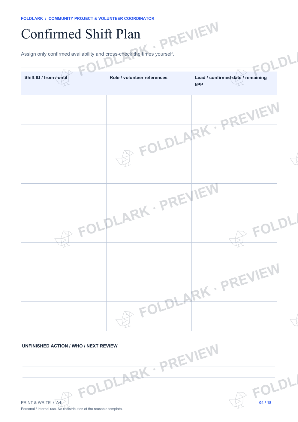 Actual Confirmed Shift Plan template, empty protected preview.
