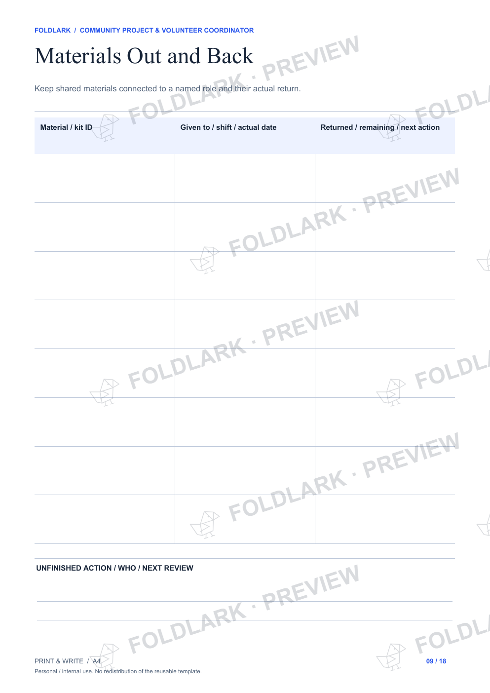 Materials Out and Back: actual marked preview