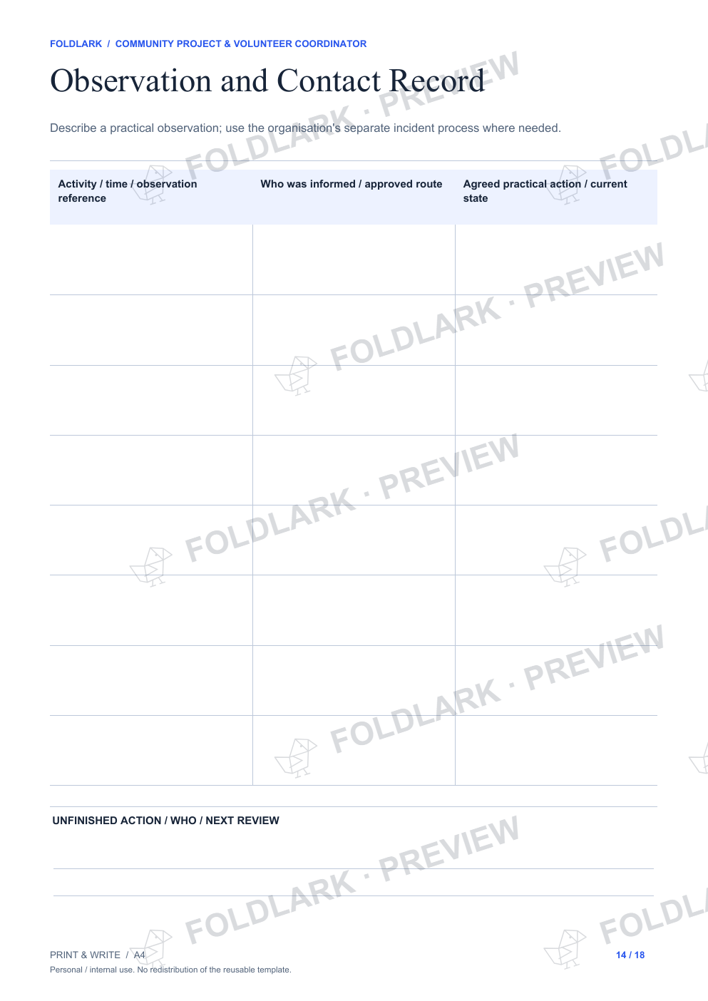 Observation and Contact Record: actual marked preview
