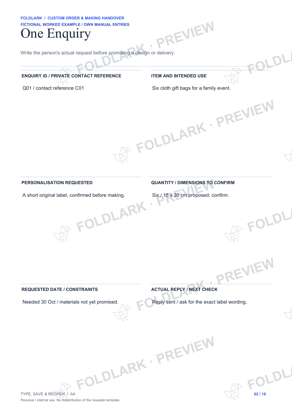 Custom Order & Making Handover - fictional filled example