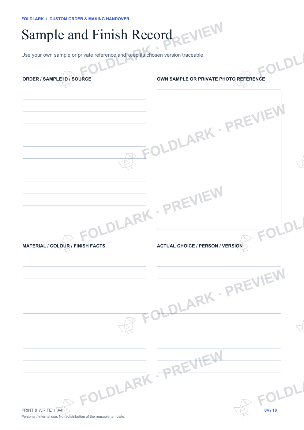 Sample and Finish Record: actual marked preview