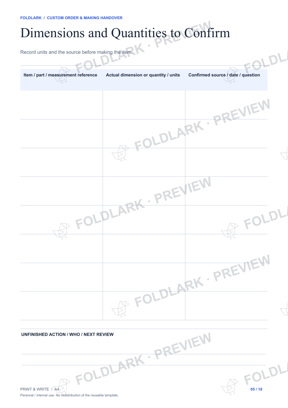 Dimensions and Quantities to Confirm: actual marked preview