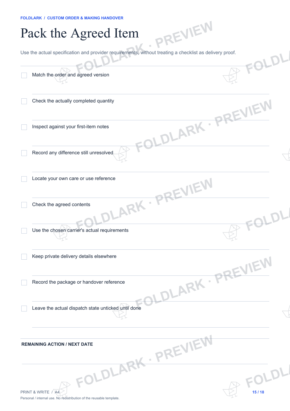 Pack the Agreed Item: actual marked preview