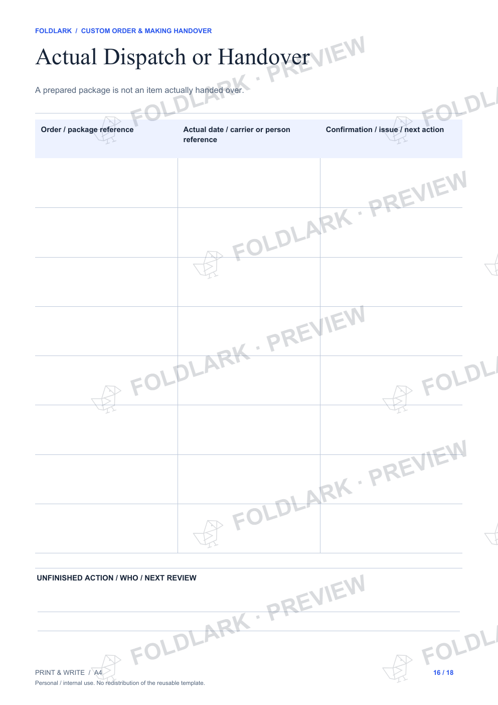 Actual Dispatch or Handover: actual marked preview