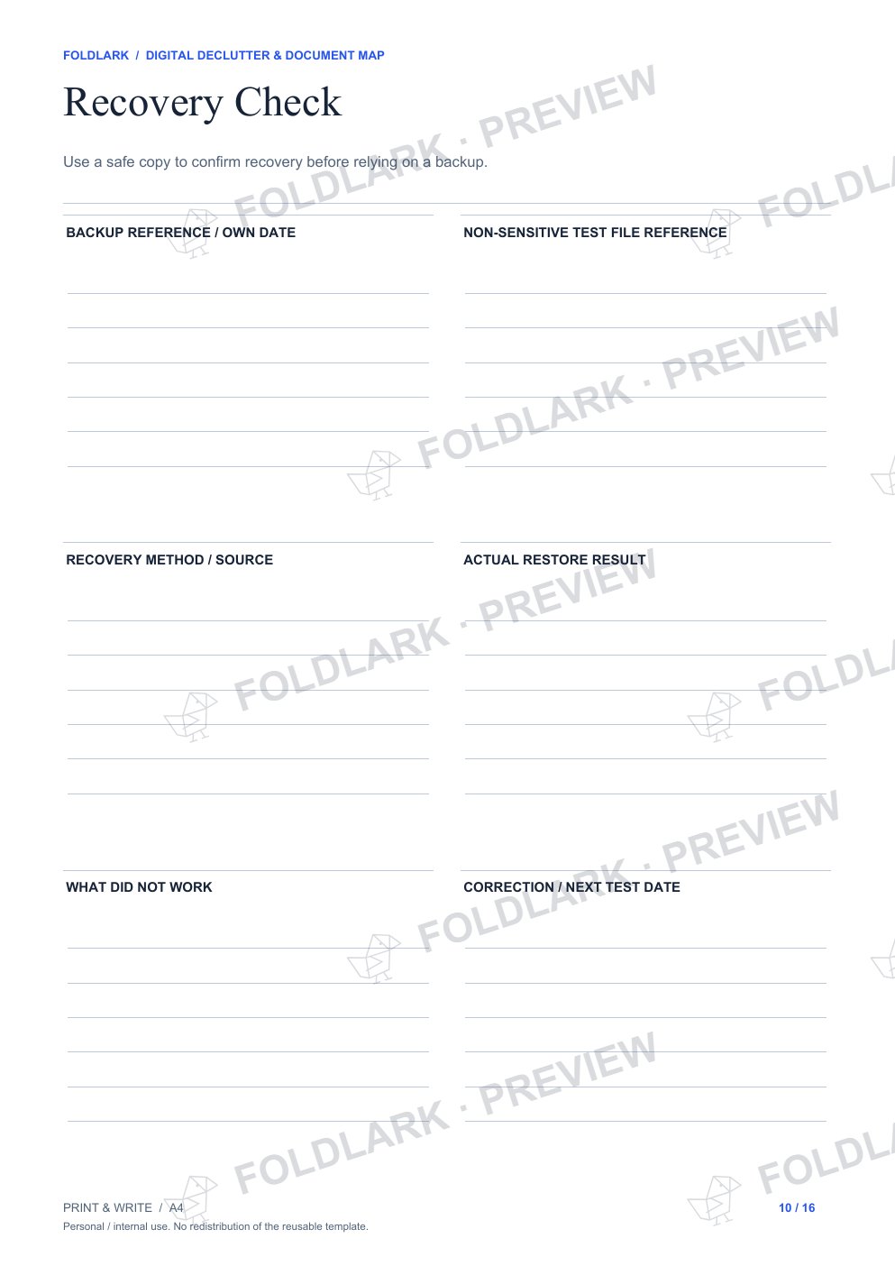 Actual Recovery Check template, empty protected preview.