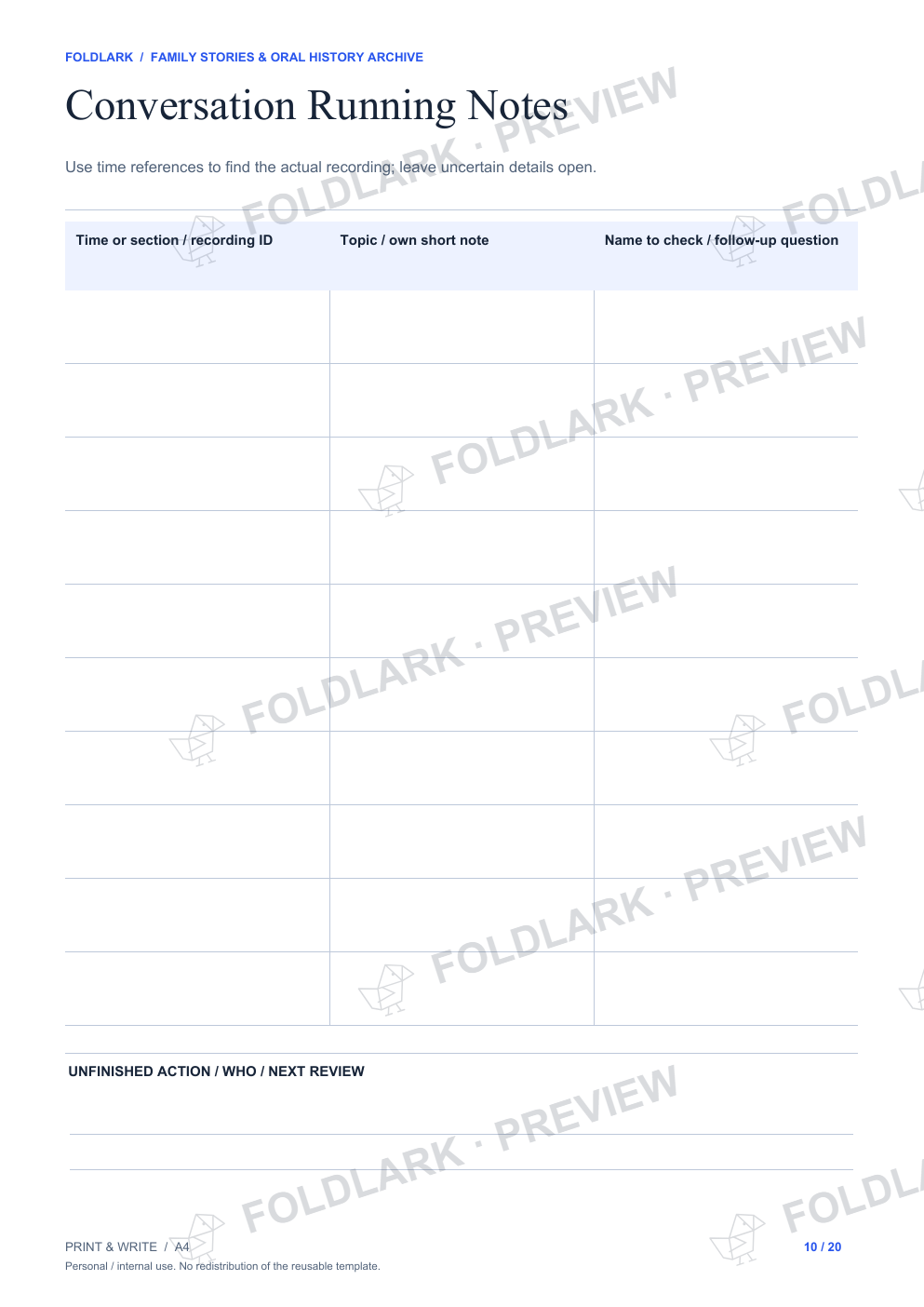 Actual Conversation Running Notes template, empty protected preview.