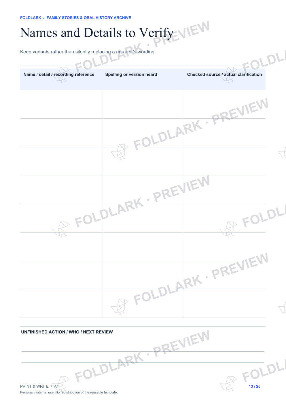 Names and Details to Verify: actual marked preview