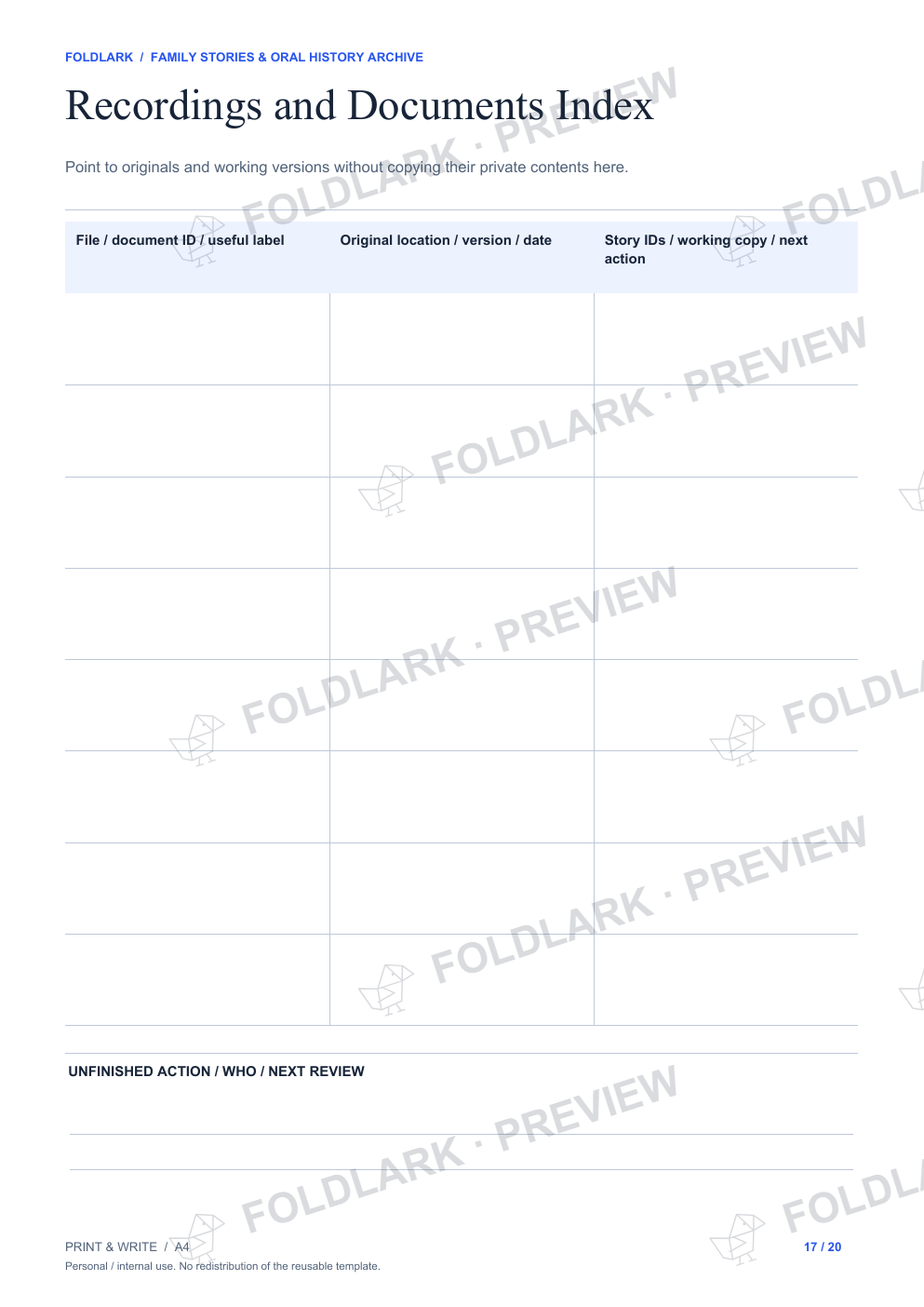 Recordings and Documents Index: actual marked preview