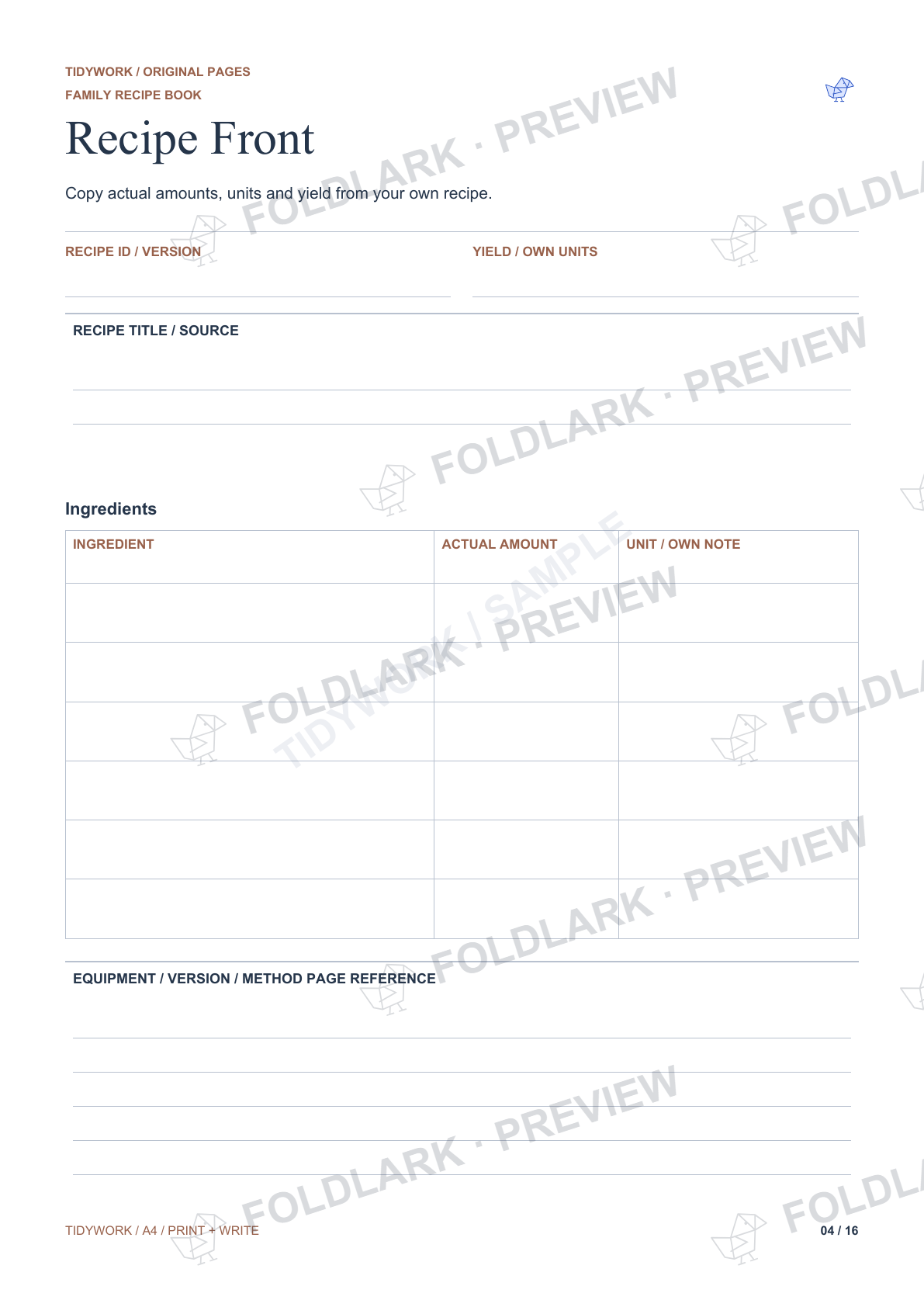 Family Recipe Book / actual sample / Recipe Front