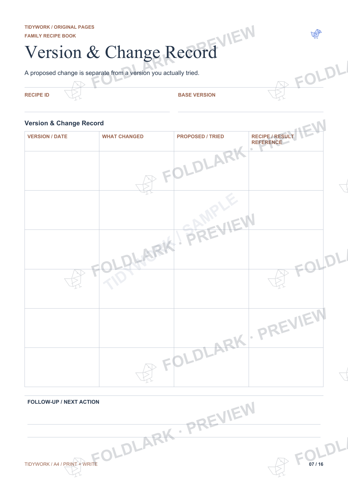 Version & Change Record: actual marked preview