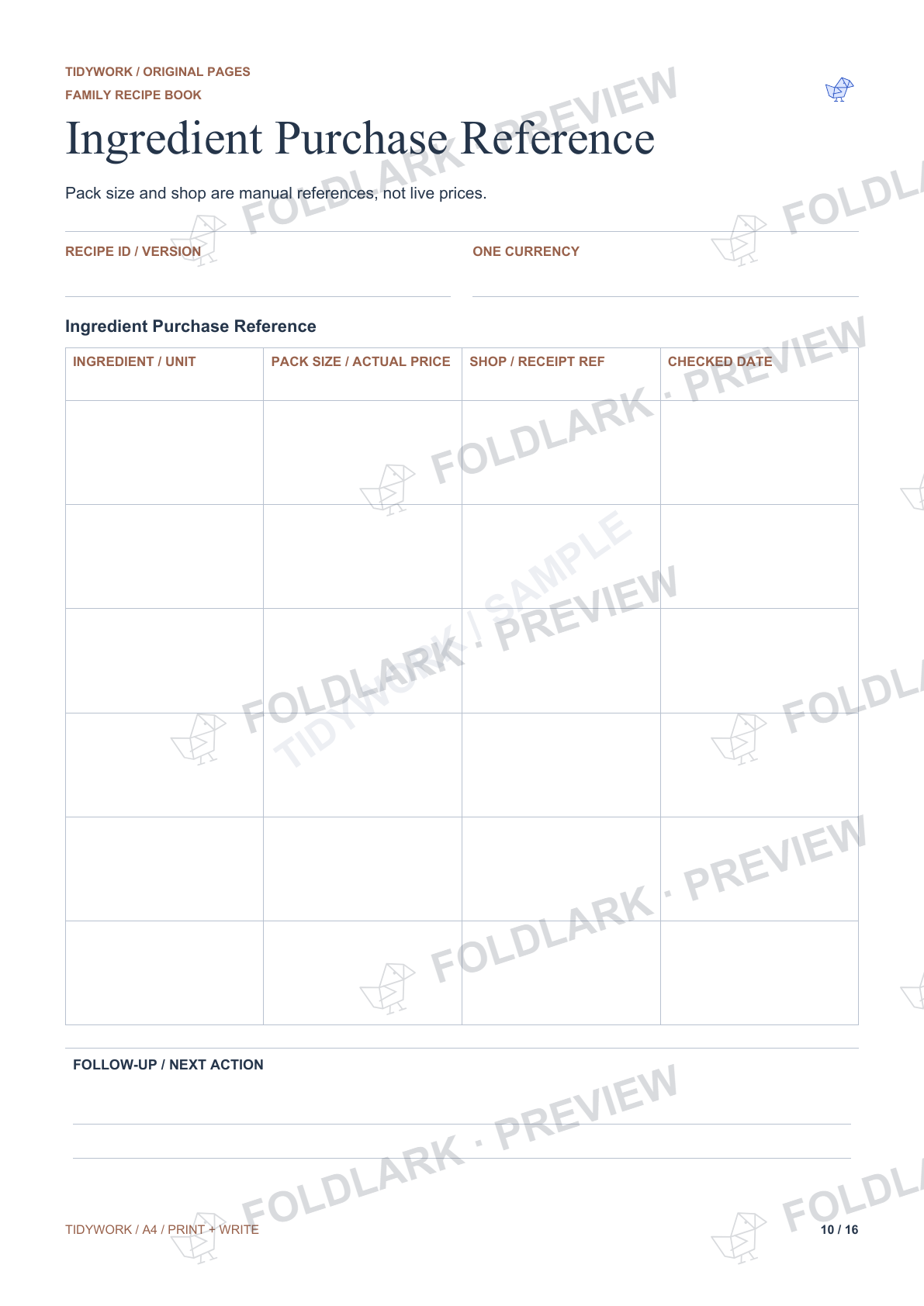 Ingredient Purchase Reference: actual marked preview
