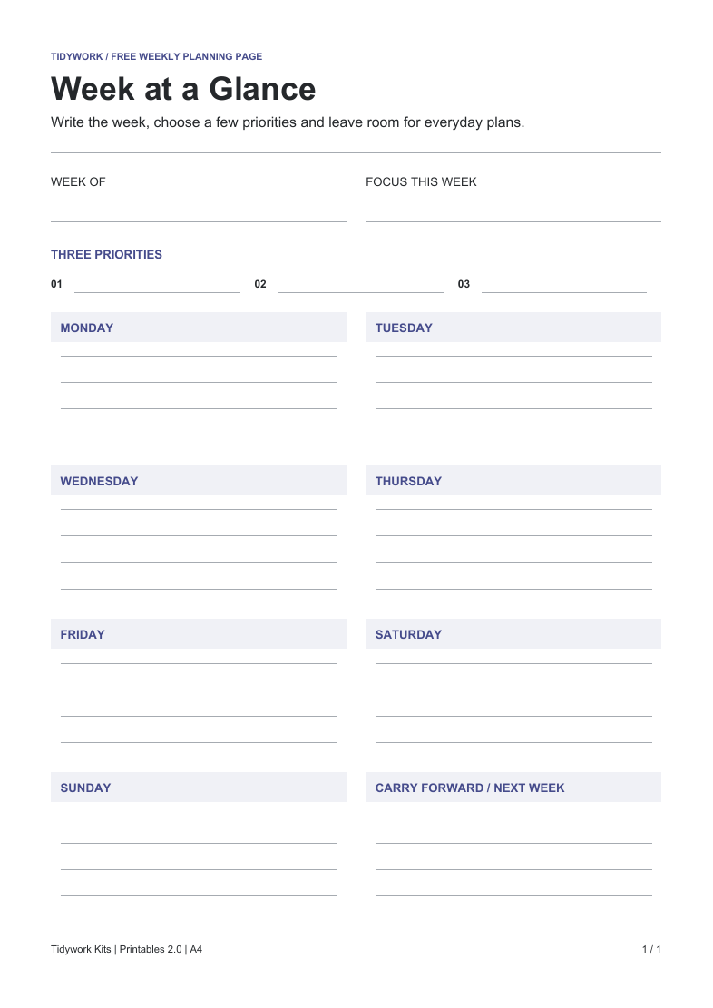 Week at a Glance: actual A4 weekly planning page