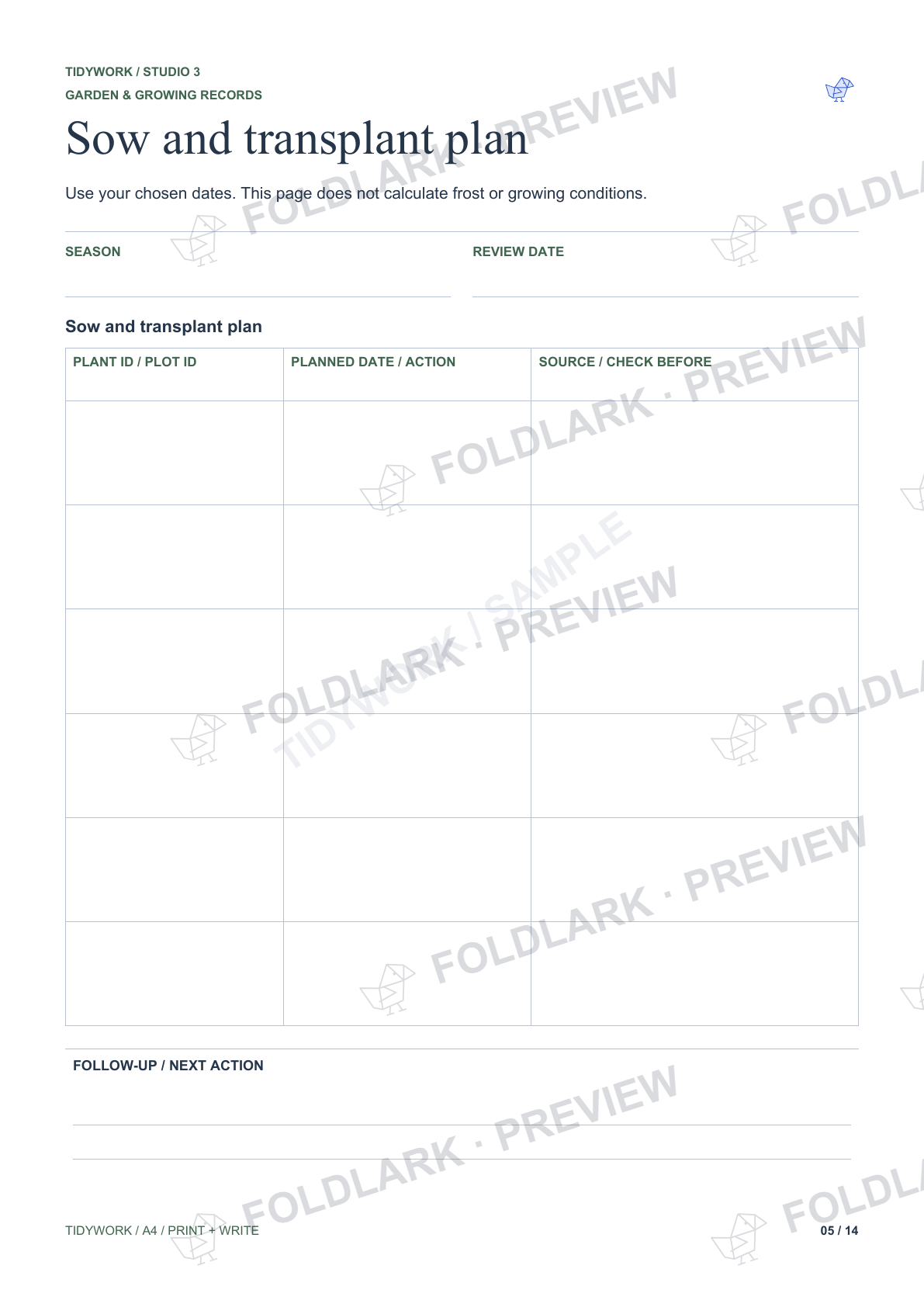 Actual Sow and transplant plan template from Garden & Growing Records
