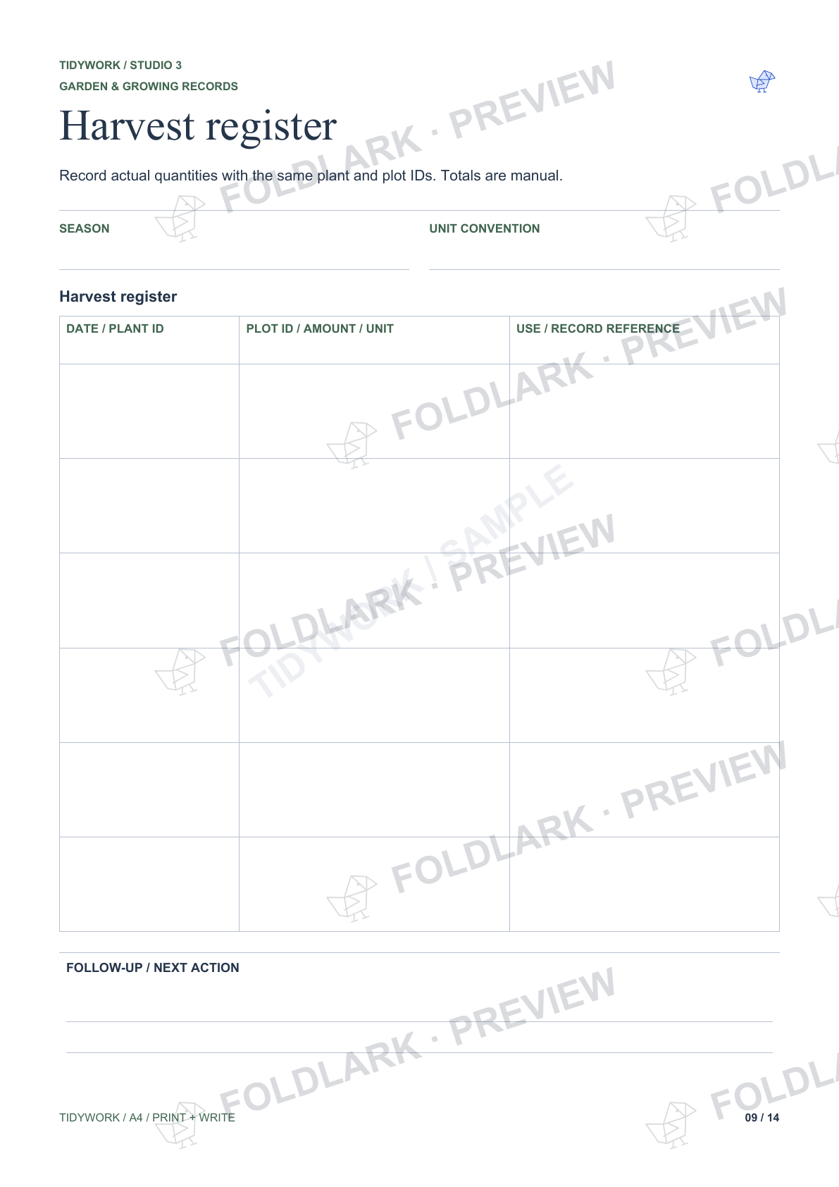 Actual Harvest register template from Garden & Growing Records