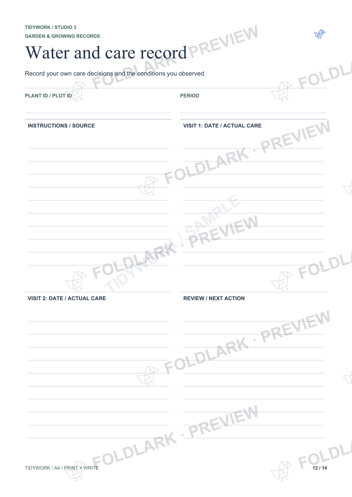 Water and care record: actual marked preview