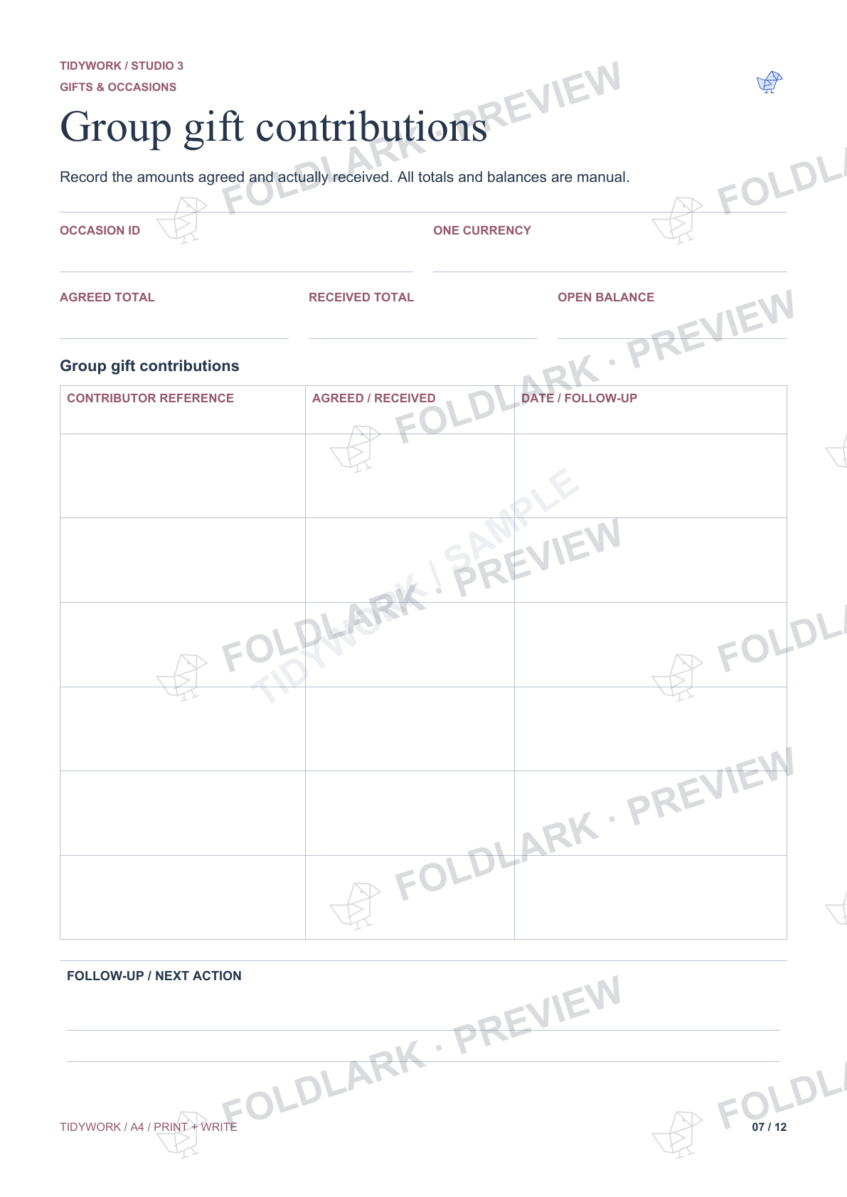 Actual Group gift contributions template from Gifts & Occasions