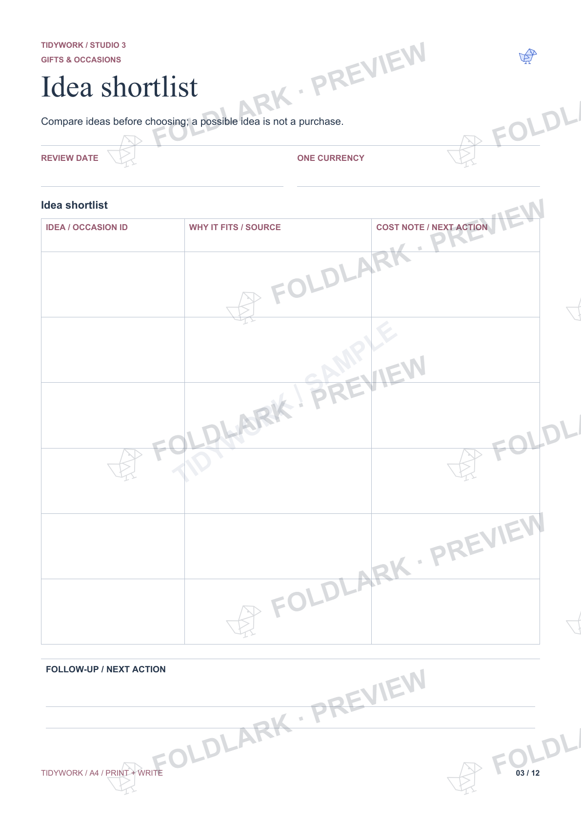 Idea shortlist: actual marked preview