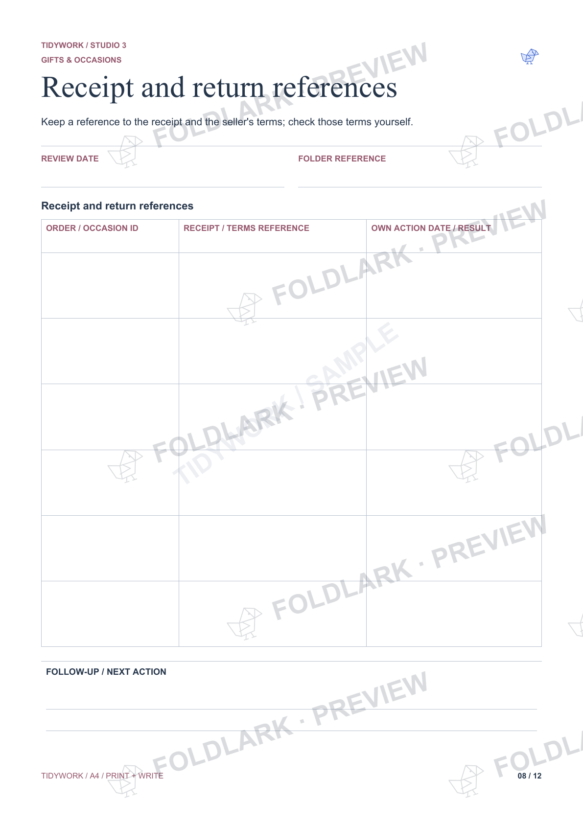 Receipt and return references: actual marked preview